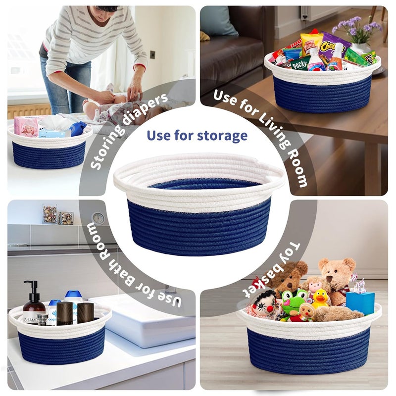 Yeeeasy Small Woven Basket with Gift Bags and Ribbons Cute Baskets for Gifts Empty 12"x8"x5" Small Rope Toy Basket for Babies Baskets for Storage, White & Navy Blue - Image 3